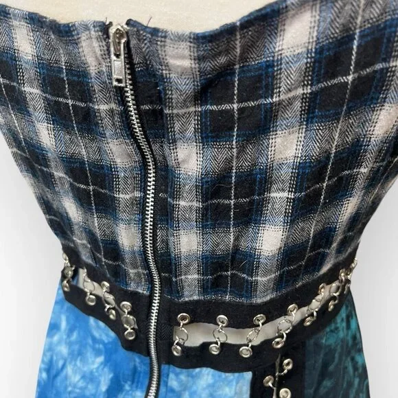 Current Mood Dolls Kill Plaid Patchwork Mini Dress Size M Medium Blue - Picture 6 of 8